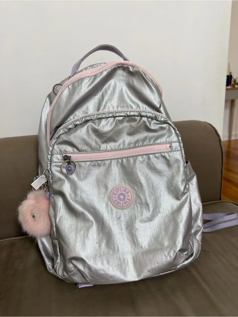 Kipling Seoul Go Large Silver and Light Pink Kids Backpack with Pom Pom Charm